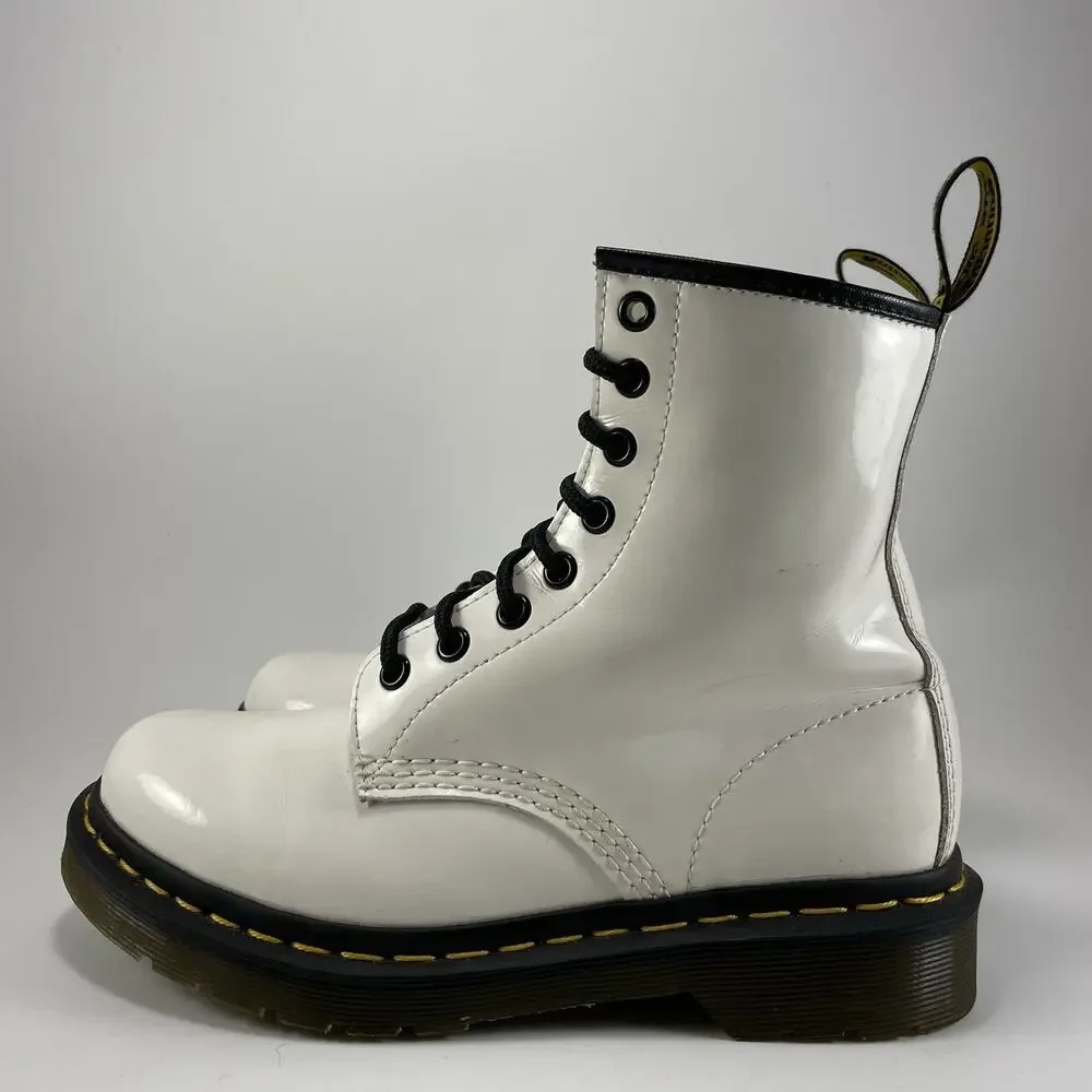 Dr Martens Doc 1460 W Combat Boots Womens Size 6 White Patent Leather Lace Up